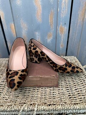 J. Crew Laney Pointed Toe Block Heel Leopard Calf Hair Pumps Sz 8